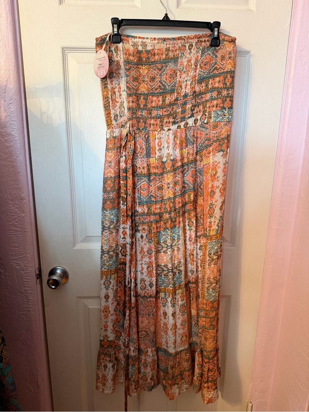 Boho Printed Strapless Maxi Dress in Orange and Teal